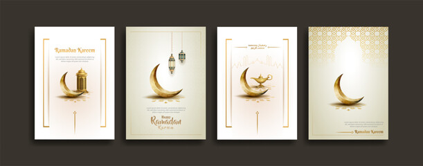 islamic greetings ramadan kareem card set with islamic ornament, lanterns and crescent moon