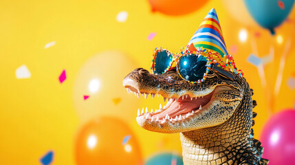 Party animal! Colorful photo of funny, happy gator on yellow background. Ballons, confetti, happy mood. Birthday celebration banner	