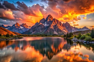 Vibrant orange and pink hues illuminate a serene landscape as the sun dips below the horizon, casting a warm glow on rugged mountains and calm waters.