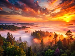 Obraz premium Vibrant orange and pink hues illuminate the sky above a lush forest, with towering trees and misty fog creating a serene and mystical atmosphere.