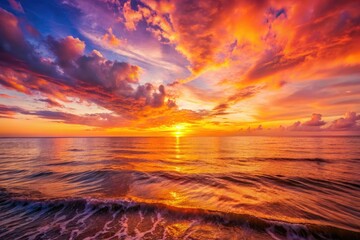 Fototapeta premium Vibrant orange and pink hues illuminate the serene ocean horizon as the sun dips below the waves, casting a warm golden glow on the tranquil scene.