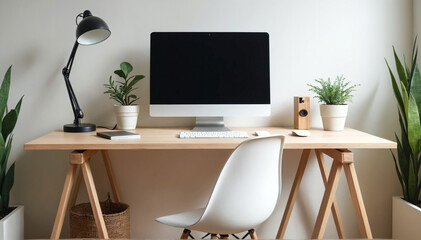 Modern minimalist home office with a computer on a wooden desk, surrounded by plants and stylish decor, creating a serene workspace. AI Generative