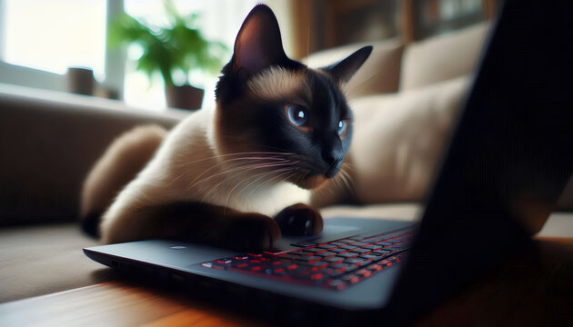 gato siames trabajando en una laptop comodamente