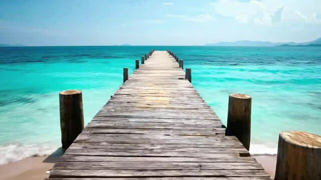 A serene wooden pier extends into turquoise waters, inviting relaxation and exploration under a clear blue sky.