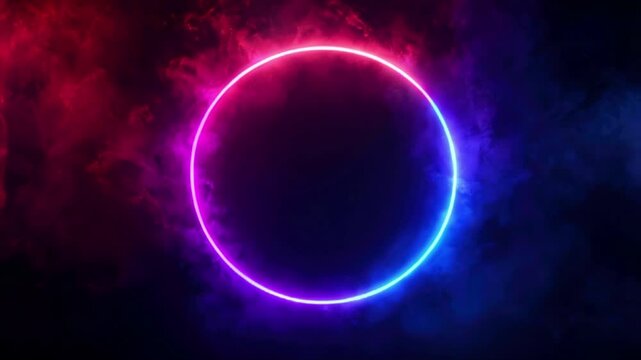 Neon circle glowing with blue, purple and pink light on black smoky background with copy space. Night club urban concept