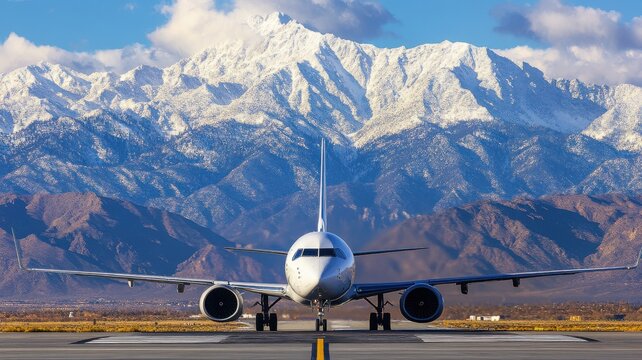 Airplane on runway with majestic snow-capped mountains in background.