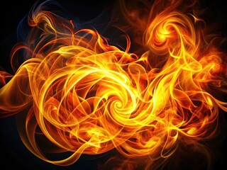 Fototapeta premium Vibrant orange and yellow flames dance across a dark background, curling and twisting in intricate patterns, evoking passion, energy, and creative intensity.