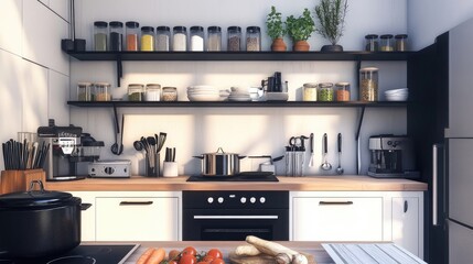 Modern Kitchen Interior with Organized Shelves