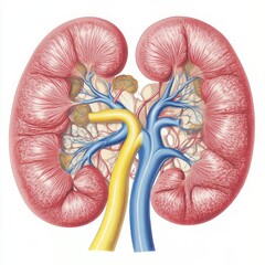 Naklejka premium Detailed crosssectional illustration of the human kidneys showing internal structures like nephrons and blood vessels Ideal for use in medical ads nephrology content and kidney health awareness