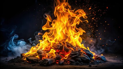 Fototapeta premium Vibrant orange and yellow flames erupt from a burning ember, surrounded by dark smoke and shadows, against a transparent black background.