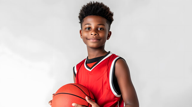 African american boy holding basketball in red jersey on white background
