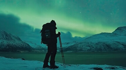 Fototapeta premium A lone hiker stands silhouetted against the breathtaking spectacle of the Northern Lights, a dazzling display of green and blue light dancing across the night sky. 