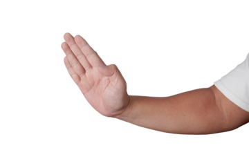 Male person hand in karate strike open palm slap gesture, cut out isolated