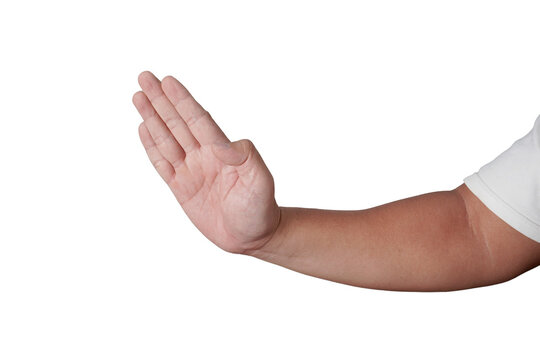 Male person hand in karate strike open palm slap gesture, cut out isolated