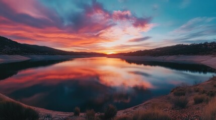 Fototapeta premium Serene Sunset Over Tranquil Lake Landscape