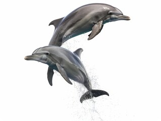 Obraz premium Two playful dolphins leaping out of the water Isolated On White Background