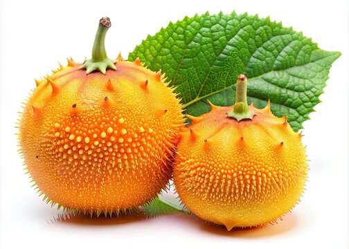 Vibrant orange cadillo fruit, also known as naranjilla, with intricate ridges and green leaves, isolated on a white background, showcasing its unique texture and color.