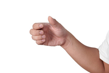 Male person hand holding something empty, cut out isolated