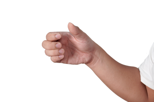 Male person hand holding something empty, cut out isolated