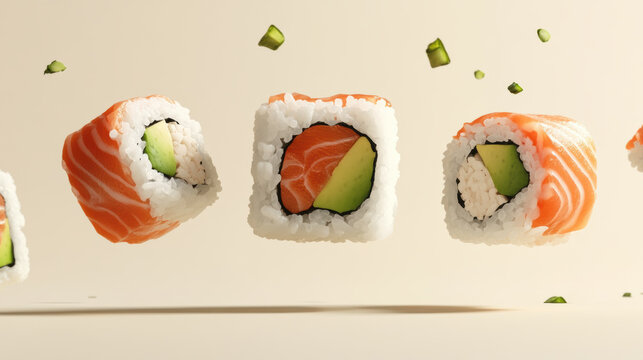 Delicious sushi rolls featuring rice, avocado, and salmon are beautifully floating in mid air, showcasing their vibrant colors and textures