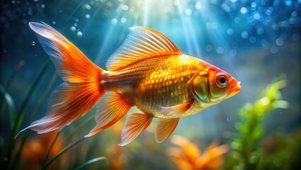 Vibrant orange-golden fish with iridescent scales and flowing fins swimming in a serene, crystal-clear aquarium with subtle water ripples and gentle sunlight filtering through.