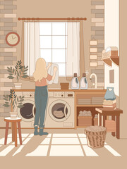  Laundry girl time, beige colors, laundry day scene, daily shores, apartment clean, blonde girl 