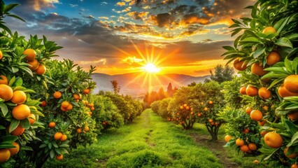 Vibrant orange hues illuminate a stunning sunset over ripening citrus groves, with lush green leaves and orange spheres bursting with juicy freshness and warm ambiance.