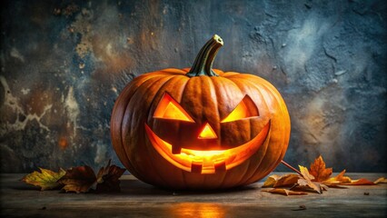 Obraz premium Vibrant orange jack-o'-lantern with intricate facial design, candlelit eyes, and a wide, toothy grin, set against a dark, textured background with subtle autumnal hints.