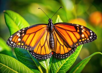 Fototapeta premium Vibrant orange monarch butterfly with delicate black veins perched on a soft green leaf, its intricate wings fluttering in the warm sunlight.