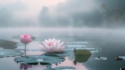 Delicate pink lotus flowers gracefully bloom in a serene lake, surrounded by a misty morning, creating an atmosphere of tranquility and peace.