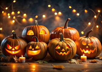 Fototapeta premium Vibrant orange pumpkins carved with spooky, playful, and whimsical faces, lit up against a dark background, creating a festive and eerie atmosphere for Halloween celebrations.
