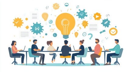 Collaborative brainstorming session with diverse team members and creative icons.