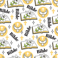 Fototapeta premium White Holy Harmony Blessed Books Garden Pattern. This design is perfect for enhancing spiritual publications, religious event decor, or creating thoughtful gifts.