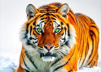 Naklejka premium Vibrant orange tiger with bold black stripes and piercing green eyes leaps into action, its dynamic pose and expressive features frozen in mid-motion against a white background.