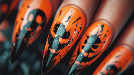 Fototapeta premium A detailed closeup of long, pointed Halloween nails featuring spooky faces in vibrant orange and black for a festive and eerie touch 