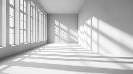 Obraz premium A minimalist, white room with large windows and sunlight streaming in, casting long shadows on the floor.