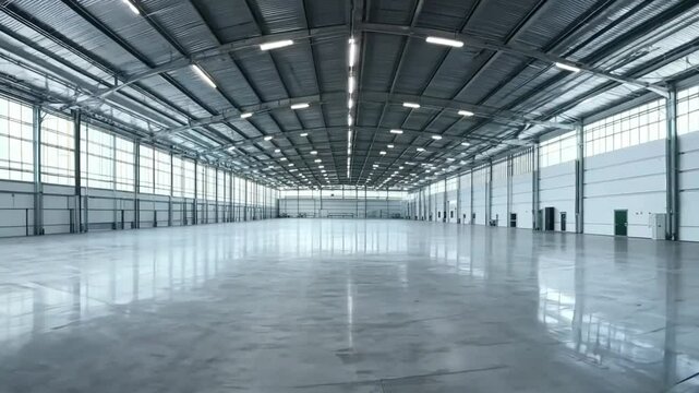 A spacious, modern industrial warehouse with large windows and polished concrete floors, designed for storage or business operations.