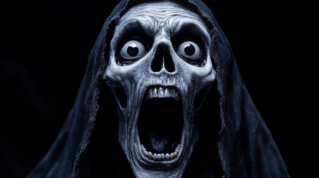 A grim reaper with wide eyes and an open mouth screams in terror against a pitchblack background, capturing the essence of a chilling Halloween spirit 