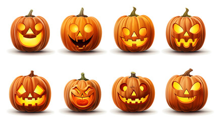 Set of scary Halloween pumpkins on light background, assorted different designs, mockup templates for artwork design, cool elements for your Halloween party invitation card, poster, banner, wallpaper.