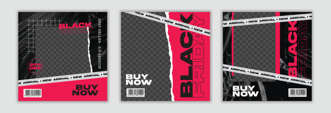 Set of three black friday sale social media pack template premium vector