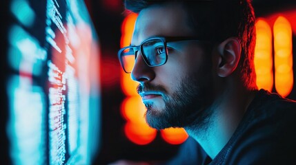 Fototapeta premium Focused programmer analyzing code on screen, illuminated by colorful LED lights in a dark environment.