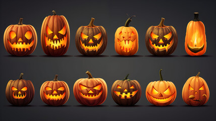 Set of scary Halloween pumpkins on light background, assorted different designs, mockup templates for artwork design, cool elements for your Halloween party invitation card, poster, banner, wallpaper.