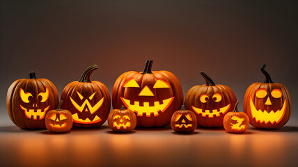 Set of scary Halloween pumpkins on light background, assorted different designs, mockup templates for artwork design, cool elements for your Halloween party invitation card, poster, banner, wallpaper.