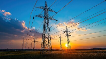 Fototapeta premium Sunset Over Power Lines in Open Landscape
