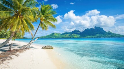 Fototapeta premium Coconut tree with leaf at sandy beach with sea