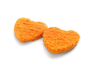 Tasty nuggets in shape of heart on white background. Valentine's Day celebration