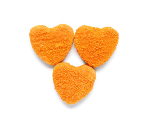 Tasty nuggets in shape of heart on white background. Valentine's Day celebration