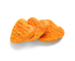 Tasty nuggets in shape of heart on white background. Valentine's Day celebration