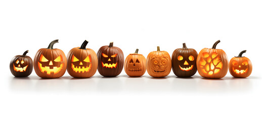 Set of scary Halloween pumpkins on light background, assorted different designs, mockup templates for artwork design, cool elements for your Halloween party invitation card, poster, banner, wallpaper.