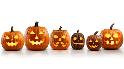 Set of scary Halloween pumpkins on light background, assorted different designs, mockup templates for artwork design, cool elements for your Halloween party invitation card, poster, banner, wallpaper.